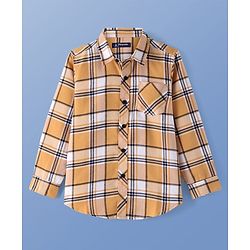 Pine Kids Cotton Woven Full Sleeves  Checked Shirt with Text Print T-Shirt-  Yellow