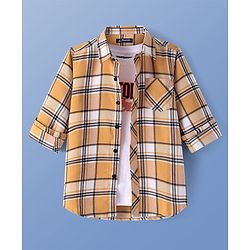 Pine Kids Cotton Woven Full Sleeves  Checked Shirt with Text Print T-Shirt-  Yellow
