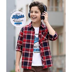 Pine Kids Cotton Woven Full Sleeves Checked Shirt with Text Print T-Shirt- Red