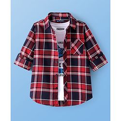Pine Kids Cotton Woven Full Sleeves Checked Shirt with Text Print T-Shirt- Red