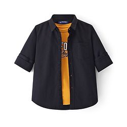 Pine Kids Cotton Woven Full Sleeves Solid Shirt with Inner Tank T-Shirt- Black