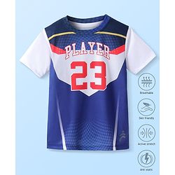 Pine Active Knitted Half Sleeves T-Shirt with Text & Number Print - Blue