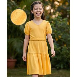 Pine Kids Woven Puffed Sleeves Solid Color Frock - Yellow