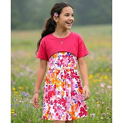 Pine Kids Cotton Knit Floral Printed Frock With Half Sleeves Solid Colour Shrug - Dark Pink