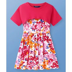 Pine Kids Cotton Knit Floral Printed Frock With Half Sleeves Solid Colour Shrug - Dark Pink