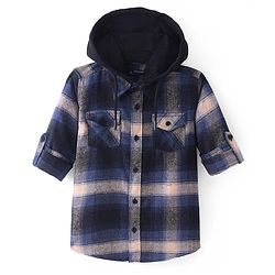 Pine Kids Cotton Woven Full Sleeves Brushed Checkered Hooded Shirt - Navy & Peach