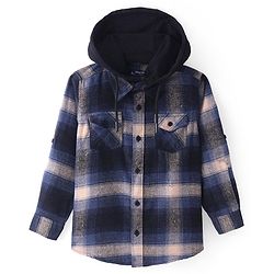 Pine Kids Cotton Woven Full Sleeves Brushed Checkered Hooded Shirt - Navy & Peach