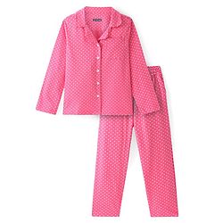 Pine Kids Cotton Knit Full Sleeves Collared Night Suit With Hearts Print - Dark Pink