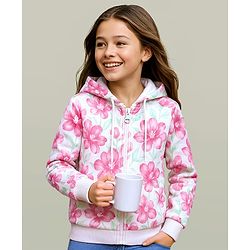 Pine Kids Cotton Knit Full Sleeves Hooded Sweatjacket with Floral Print - White