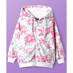 Pine Kids Cotton Knit Full Sleeves Hooded Sweatjacket with Floral Print - White