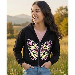 Pine Kids Cotton Knit Full Sleeves Hooded Sweatjacket with Butterfly Print - Black