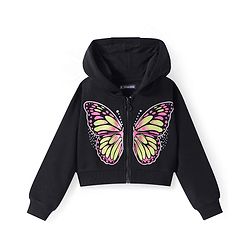 Pine Kids Cotton Knit Full Sleeves Hooded Sweatjacket with Butterfly Print - Black