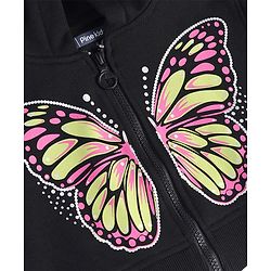 Pine Kids Cotton Knit Full Sleeves Hooded Sweatjacket with Butterfly Print - Black