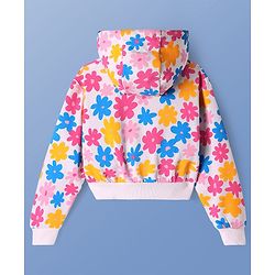 Pine Kids Cotton Knit Full Sleeves Hooded Sweat Jacket With Floral & Text Print - White