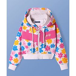 Pine Kids Cotton Knit Full Sleeves Hooded Sweat Jacket With Floral & Text Print - White
