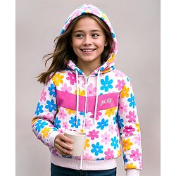 Pine Kids Cotton Knit Full Sleeves Hooded Sweat Jacket With Floral & Text Print - White