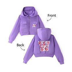 Pine Kids Cotton Knit Full Sleeves Front Open Hooded Sweatjacket with Front Back Floral & Text Print Print - Purple