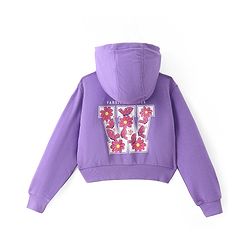 Pine Kids Cotton Knit Full Sleeves Front Open Hooded Sweatjacket with Front Back Floral & Text Print Print - Purple