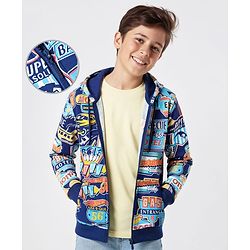 Pine Kids Cotton Knit Full Drop Shoulder Sleeves Text Printed Hooded Sweatjacket & Kangaroo Pocket - Navy Blue