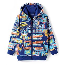 Pine Kids Cotton Knit Full Drop Shoulder Sleeves Text Printed Hooded Sweatjacket & Kangaroo Pocket - Navy Blue