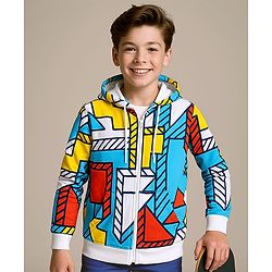 Pine Kids Cotton Knit Full Sleeves Hooded Sweatjacket with Print - White