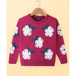 Pine Kids Knitted Full Sleeves Pullover Sweater with Floral Design & Applique - Lavender