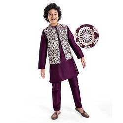 Pine Kids Woven Full Sleeves Kurta Pyjama Set with Sequined Embroidered Nehru Jacket - Wine