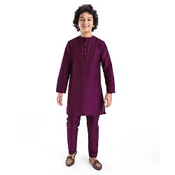 Pine Kids Woven Full Sleeves Kurta Pyjama Set with Sequined Embroidered Nehru Jacket - Wine