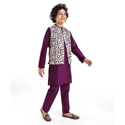 Pine Kids Woven Full Sleeves Kurta Pyjama Set with Sequined Embroidered Nehru Jacket - Wine