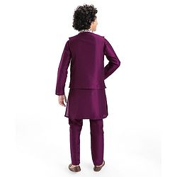 Pine Kids Woven Full Sleeves Kurta Pyjama Set with Sequined Embroidered Nehru Jacket - Wine