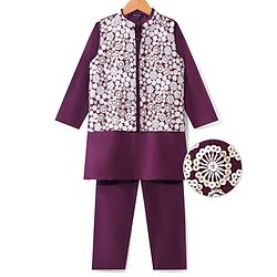 Pine Kids Woven Full Sleeves Kurta Pyjama Set with Sequined Embroidered Nehru Jacket - Wine