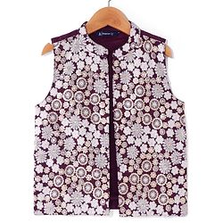 Pine Kids Woven Full Sleeves Kurta Pyjama Set with Sequined Embroidered Nehru Jacket - Wine