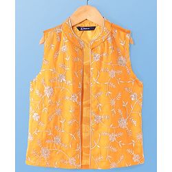 Pine Kids Woven Full Sleeves Kurta Pyjama with Jacket with Sequins & Floral Embroidery - Mustard
