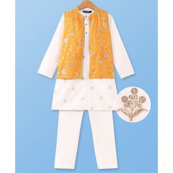 Pine Kids Woven Full Sleeves Kurta Pyjama with Jacket with Sequins & Floral Embroidery - Mustard