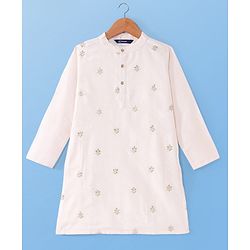 Pine Kids Woven Full Sleeves Kurta Pyjama with Jacket with Sequins & Floral Embroidery - Mustard