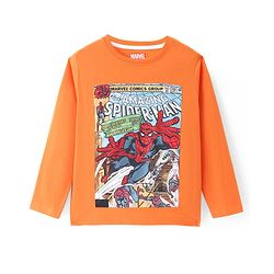 Pine Kids Marvel Single Jersey Knit Full Sleeves T-Shirt with Spiderman Graphics - Orange