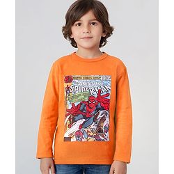 Pine Kids Marvel Single Jersey Knit Full Sleeves T-Shirt with Spiderman Graphics - Orange