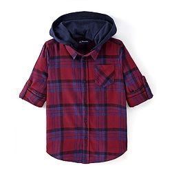 Pine Kids Cotton Woven Brushed Checkered Full Sleeves Hooded Shirt - Red