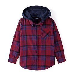 Pine Kids Cotton Woven Brushed Checkered Full Sleeves Hooded Shirt - Red