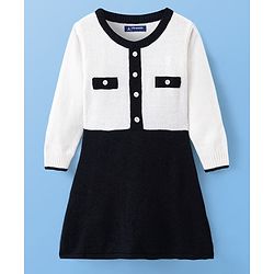 Pine Kids Knit Full Sleeves Woolen Dress with Colour Block Design - White & Black