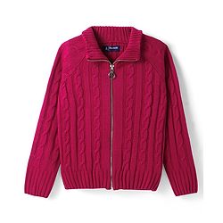 Pine Kids Knitted Full Raglan Sleeves Collar Neck Front Open Sweater With Cable Knit Design - Dark Pink