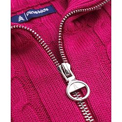Pine Kids Knitted Full Raglan Sleeves Collar Neck Front Open Sweater With Cable Knit Design - Dark Pink