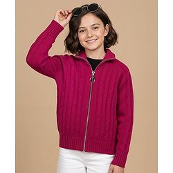 Pine Kids Knitted Full Raglan Sleeves Collar Neck Front Open Sweater With Cable Knit Design - Dark Pink