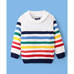 Pine Kids Knit Full Sleeves Pullover with Stripe Design - White Red & Black