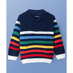 Pine Kids Knitted Full Sleeves Collar Neck Pullover Sweater With Stripes Design - Navy Blue