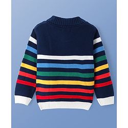 Pine Kids Knitted Full Sleeves Collar Neck Pullover Sweater With Stripes Design - Navy Blue