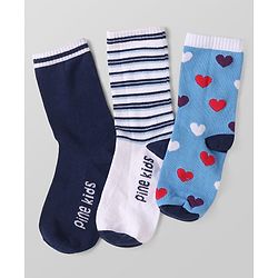 Pine Kids Knit Ankle Length Socks with Stripes & Hearts Design Pack of 3 (Color May Vary)
