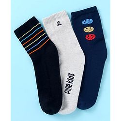 Pine Kids Cotton Nylon Knit Ankle Length Socks Stripes Text Embroidery & Smile Design Pack of 3 - Black & Gray