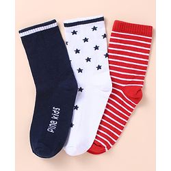 Pine Kids Cotton Knit Socks with Strips Star & Text Print Pack of 3 - Navy Blue White & Red