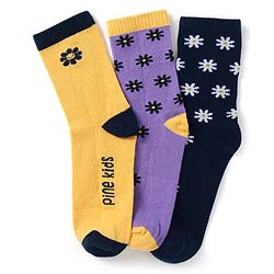 Pine Kids Cotton Nylon Knit Ankle Length Socks Floral & Brand Design Pack of 3 - Yellow Purple & Black